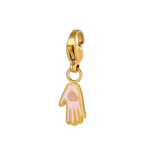 Detail view of a gold lobster clasp pendant featuring a pink enamel hand with a purple heart