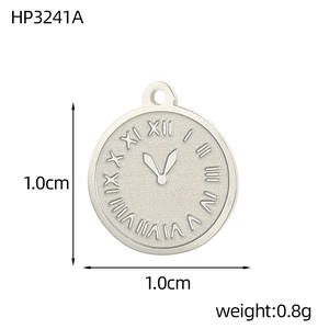 Detail view of small silver clock pendant showing 1.0cm diameter and 0.8g weight specs