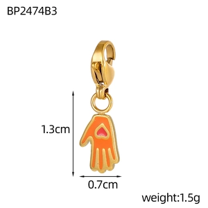Gold Hamsa Hand charm with orange enamel and red heart for DIY jewelry making