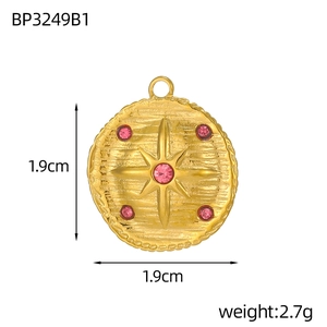 Vintage irregular tarot card pendant with pink zircon and star pattern in gold finish