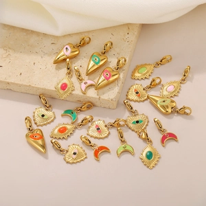 Golden stainless steel evil eye charms with colorful enamel and lobster clasps for DIY jewelry