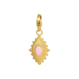 Detail of gold sunburst pendant with pink enamel stone and lobster clasp attachment