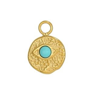 Bohemian gold stainless steel Evil Eye pendant with turquoise stone and hammered texture