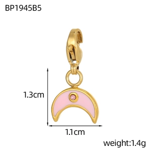Detailed macro view of pink enamel crescent moon pendant with lobster clasp and dimensions