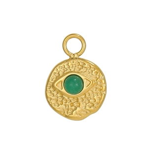 Golden hammered stainless steel Evil Eye pendant with a center green natural stone