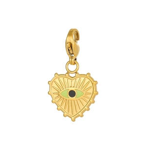 Golden heart-shaped Evil Eye pendant with beaded edge and lobster clasp on white background