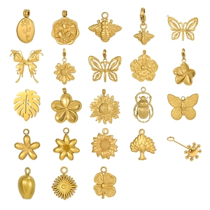Collection of gold stainless steel nature charms featuring insects and floral relief motifs