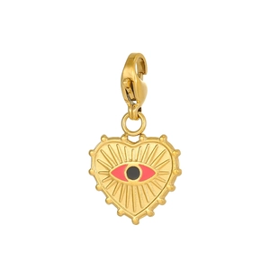 Detailed view of a golden heart evil eye charm with lobster clasp and red enamel inlay