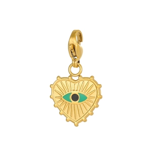 Detailed macro view of heart charm with lobster clasp and green enamel devil eye design