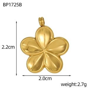 Polished gold petal flower pendant showing dimensions of 2.2cm by 2.0cm and 2.7g weight