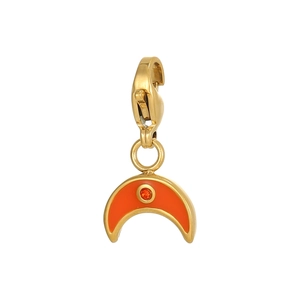 Golden crescent moon pendant with orange enamel and lobster clasp on white background