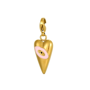 Golden heart-shaped pendant with pink evil eye enamel and secure lobster clasp detail