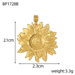 Detailed view of golden sunflower pendant charm with dimensions and weight parameters