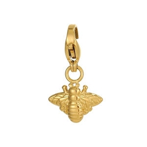 Detailed view of a polished gold bee charm with a lobster clasp for jewelry DIY