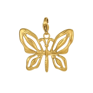 Polished hollow gold butterfly pendant charm with lobster clasp on white background