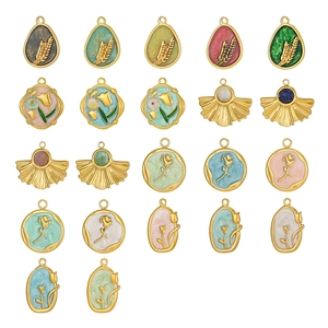 Vintage floral enamel heart and round charms in gold alloy base for jewelry making