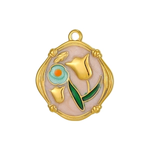 Vintage oil painting style heart flower enamel oval pendant in blue and green tones