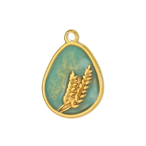 Artistic teardrop oil painting pendant with gold wheat relief and blue-green resin
