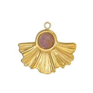 Golden ginkgo leaf pendant with purple gemstone inlay and textured fan-shaped metal