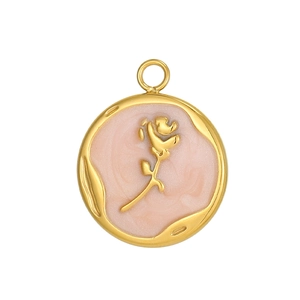 Golden round rose pendant with pink marble texture and floral relief for DIY jewelry