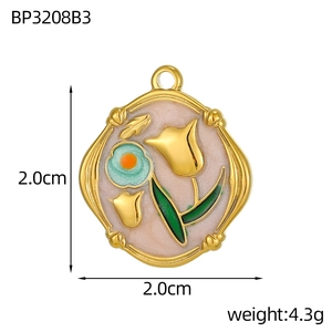 Detailed view of tulip floral enamel pendant with 2.0cm size and 4.3g weight markers