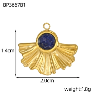 Detailed view of 2.0cm blue stone fan-shaped pendant with pleated gold metal texture