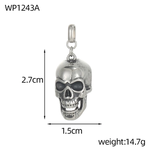 Detail view of gothic stainless steel skull pendant showing 2.7cm height and oxidized finish