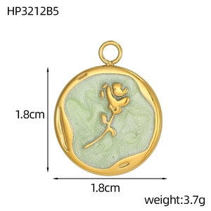 Detail of round golden flower pendant with light green enamel and 1.8cm size mark