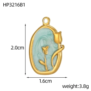 Detail view of tulip pendant with dimensions 2.0x1.6cm and gold enamel finish
