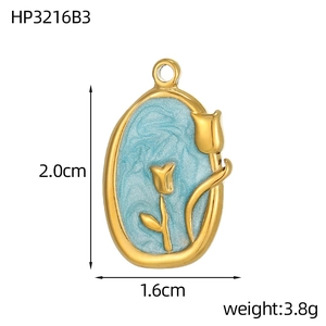 Detail of tulip pendant with blue enamel and gold wheat motif, 2.0cm by 1.6cm size