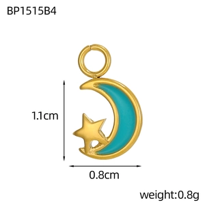 Detailed view of moon and star enamel pendant with size markings of 1.1cm by 0.8cm