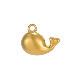 Macro shot of a golden whale pendant with a polished mirror finish and round metal loop