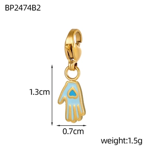 Blue enamel Hamsa hand charm with lobster clasp, 1.3cm x 0.7cm detailed dimensions