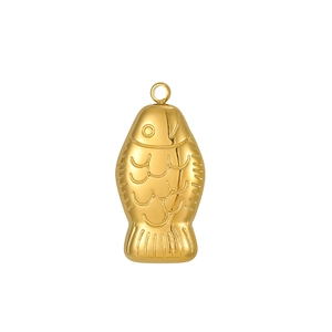 Close-up of gold-plated fish pendant showing detailed scales and textured metal surface