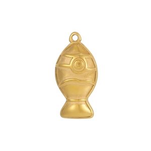 Macro detail of a matte gold fish pendant with textured wavy scales and a brushed finish