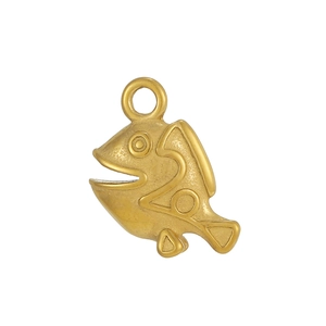 Detailed view of fish-shaped gold pendant with matte sandblast finish and geometric lines