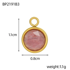 Detailed view of pink faceted gemstone pendant with gold metal base and size markings
