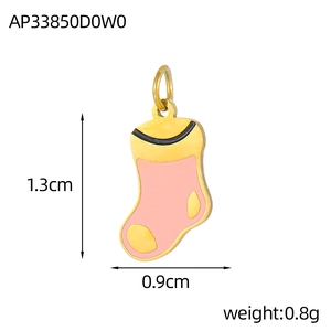 Christmas stocking charm with pink and yellow enamel drip oil and dimensions marked