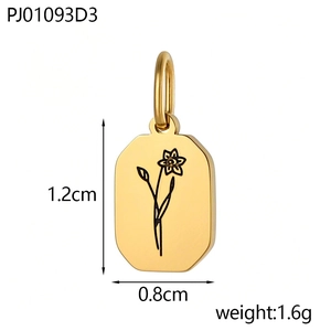Achtkantige gouden metalen hanger met bloemgravure van 1,2 cm bij 0,8 cm groot