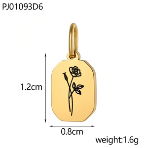 Gouden rechthoekige hanger met zwarte roosgravure, maat 0.8x1.2cm, metalen bedeltje van 1.6g
