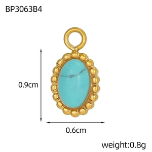 Macro detail of bohemian turquoise pendant showing gold bead frame and 0.9cm size