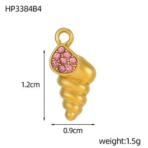 Macro view of gold shell pendant with pink zircon stones and dimension markers