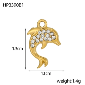 Detail view of gold-plated dolphin charm with micro-paved zircons and size dimensions