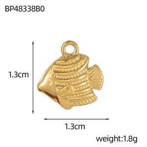 Detail view of a 1.3cm gold-plated koi fish charm with scale texture and product specs