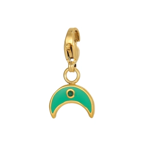 Detailed macro view of a gold crescent moon charm with green enamel and lobster clasp