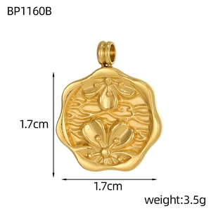 Detail view of 1.7cm round gold floral pendant with embossed flower pattern and dimensions