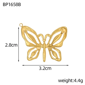 Detailed view of a gold-plated butterfly pendant with dimensions and weight specs
