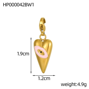 Detail of a golden heart evil eye pendant with lobster clasp and size 1.9cm marking