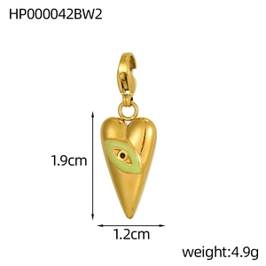 Macro detail of heart evil eye pendant with lobster clasp showing dimensions and weight