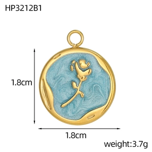 Detail of round golden rose pendant with 1.8cm diameter and blue enamel finish